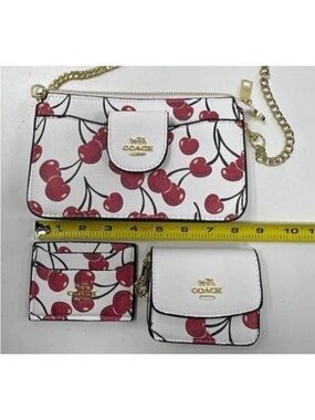NWOT Coach Crossbody Cherry-Print Leather Wallet Pouch 3 pc Set